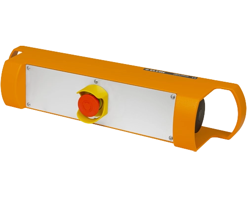 aluminium tweehandenbediening, voorzien van noodstopknop, oranje